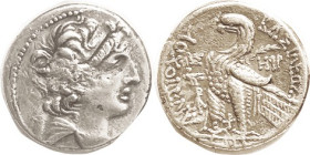 Askalon Tet of Antiochos VIII, 121-96 BC, Bust r/Eagle l, at left A-Sigma above dove, at rt date H9P = 115/124 BC; VF, centered, a touch of roughness ...