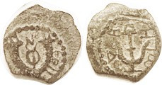 Herod Archelaus 4 BC - 6 AD, H-1192, ($100/300) Anchor/Double cornucopias, F-VF, greyish-green patina with some pale earthen hilighting, obv somewhat ...