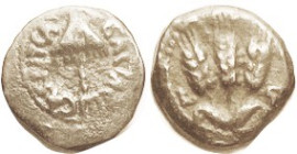Agrippa I, 37-44 AD, Prutah, H-1244, Umbrella/3 barley ears, F/VF, medium brown patina, obv off-ctr but complete, rev centered with all 3 barley ears ...