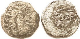 Pontius Pilate, Prutah, H-1342, Lituus & lgnd/LIZ in wreath; F, not badly centered, dark patina with some lighter earthen cover; lituus & part of lgnd...