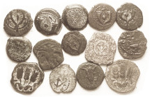 Prutah Lot, 14 pieces, low grade but not the worst, 6 are identified incl Antiochus VII, Herod the Great, Pontius Pilate, 2 Agrippa I, & a Jannaeus Le...