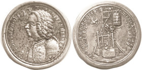 Box Medal, Joseph Oppenheimer (banker/financier), 1738, Silver 42 mm, His bust l./Complex machine of his execution, with gibbet & cage, after anti-Sem...