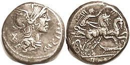 M. Cipius, Den, Cr.289/1, Sy.546, Roma head r/Victory in biga r, rudder below; VF-EF, minimally off-ctr on usual compact flan, well struck, good metal...