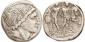 L. Memmius, Den., 109-108 BC, Cr.304/1, Sy.558, Male head r/Dioscuri stg with horses, VF/AVF, centered, only sl crowding on rev, good silver, nice str...