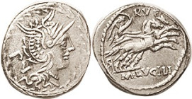 M. Lucilius Rufus, Den., 101 BC, Cr.324/1, Sy.599; Roma head r in wreath/Victory in biga r; AEF, well centered on oval flan, well struck, good bright ...