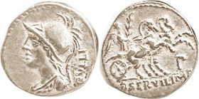 M. Servilius M.f. Rullus, Den, 100 BC, Cr.328/1, Sy.601, Helmeted Medusa head l./Victory in biga r, P below; AEF, well centered & boldly struck, good ...