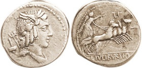 L. Julius Bursio, Den, 85 BC, Cr.352/1c, Sy.728b; Apollo head r, trident & hammer behind/Victory in quadriga r, LI above; Nice VF, nrly centered, good...