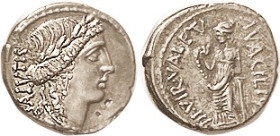 Mn. Acilius Glabrio, 49 BC, Den, Cr.442/1a, Sy.922, Salus head r/Valetudo (the God of Hypochondria) stg at column; EF, obv well centered, rev nrly so,...