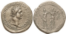 DOMITIAN, Sest, SC, Victory crowning Ruler; VF+/VF, nrly centered on exceptionally broad 39 mm flan; medium brown with hints of green, touches of roug...