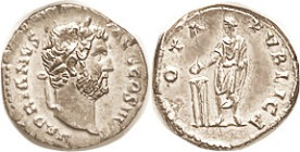 HADRIAN, Den, VOTA PVBLICA, Ruler sacrificing at altar; EF, centered, bright silver with lt tone; a modest crude/flat spot at top of head is not too n...