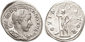 GORDIAN III, Den, IOVIS STATOR, Jupiter stg r; AEF/VF, centered, sl lgnd crudeness, good silver. (A VF brought $109, Savoca 5/21.)