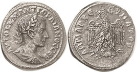 GORDIAN III, Antioch, Tet., Eagle facg, hd l, ram below, Pr.295; AEF, centered, full lgnds, touches of granularity with moderate tone, portrait detail...