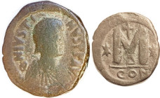 JUSTIN I, Follis, S-62, CON-Delta, F, greenish-brown, fully clear with complete lgnd. (A F brought $26 on $100 bid in my 1/20 sale.)