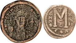 JUSTINIAN I, Follis, S-163, Facg bust, CON-XVII-Delta, F-VF, lt brown, many small obv surface blemishes, face reasonably clear. (A F+ with weak face b...