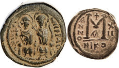 JUSTIN II, Follis, S369, NIKO-XII-A, Choice VF, smooth dark patina with dramatic hilighting, full lgnds & much detail on figures. Unusually nice. (An ...