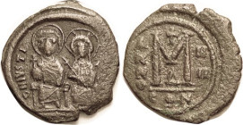 JUSTIN II, Follis, S360, CON-IIII-Delta, F-VF, somewhat off-ctr, ragged flan, green-brown partina with some porosity mainly on rev, much detail on fig...