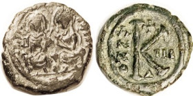 JUSTIN II, 1/2 Follis, S361, Year III-Delta, VF, a little crude, dark green patina with paler hilighting. (A GVF realized $560, NAC 5/07.)