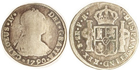 BOLIVIA, 2 Reales, 1790, "CAROLVS IV," G/VG, profile weak, otherwise bold, good metal. Scarce.