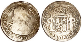 CHILE, 2 Reales, 1794, G-VG, asstd surface faults incl possible top mount removal. Darkish tone.