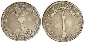 CHILE, 2 Reales 1834, Volcano/Pillar, 1-year-type with mintage only 3740, Nice bold F-VF/F, medium tone, absolutely problem-free. (A VF35 brought $528...