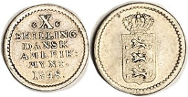 DANISH W.INDIES, Ar 10 Skilling 1848, Shield/lgnds, Nice AU, well struck, good metal with luster & lt tone. (In my last sale an EF 1845 brought $136 o...