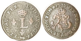 FRANCE, Æ 2 Sols, 1755A ( "Sou Marque" considered a U.S. Colonial) 22 mm, VG, a little grainy on one side, all lettering clear.