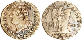 FRANCE, 15 Sols, 1791-I, Louis VI bust/Angel writing, F-VF but significant flan flaws (or damage??) in hair, another fault at rev bottom. Toned.