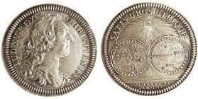 FRENCH CANADA, Silver Jeton, 1753, Louis XV bust r/ 2 Hemispheres, 29+ mm, Breton 513; Restrike AU/Unc, ltly toned, very nice. Attractive elaborate ar...