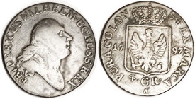 GERMANY, PRUSSIA, Ar 4 Groschen, 1797A, Fredk Wilhelm bust r/crowned arms; 26 mm; bold VG-F, lt tone.