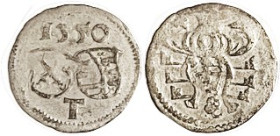 GERMANY, SAXONY, Ar Denier, Moritz, 1550, 18 mm, helmet/2 shields, F, ltly toned, a bold clear decent coin.
