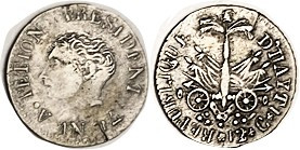 HAITI, 12 Centimes An 14 (1817), Sm Head, F+, tiny edge crack, good metal, lt tone. (A F realized $66, D'Antan 11/19.)