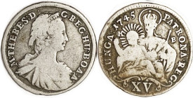 HUNGARY, Ar 15 Kreuzer 1745-KB, 27 mm, Maria Theresa bust r/Madonna & child, Nice bold VG-F.