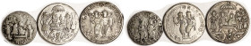 INDIA, 3 silver Temple Tokens, Rama-Laksmana/Rama-Sita type, 2 are 29 & 30 mm, sl diff varieties, AVF, the other dumpy flan type, 23 mm, much scarcer,...