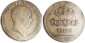 ITALY, Naples, 10 Tornesi, 1825, big copper 39 mm, Francis bust r/crown over lgnd; VG/F, very decent for this. (KM F=$45; a GVF brought $445, Leu 8/22...