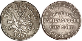 NEW ZEALAND, Token Penny, 1857, Somerville, Family Grocer, 35 mm, Flower bunch/lgnds, F-VF (F cat $100, VF $220).