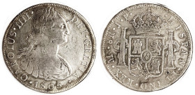 PERU, 8 Reales, 1805-JP, F, a few tiny chopmarks each side. Ltly toned.