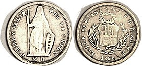 PERU, 1/2 Real 1858/68 Fine.