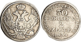 POLAND, 2 Zloty 1839-MW, AF.
