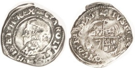 Charles I, 1625-49, Ar 2d, bust l./shield, mm Portcullis, S2830, F-VF or so, somewhat crudely struck on irregular flan, portrait shows quite a bit of ...