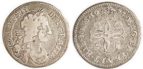Charles II, Ar 4 Pence, 1677, Bust r/interlocked C's, Nice F, ltly toned, problem- free.