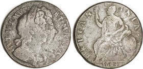 William & Mary, 1/2 Penny 1694, Conjoined busts/ Britannia, end of obv lgnd wk, otherwise VG/VG+, darkish brown with only slightest hint of porosity.