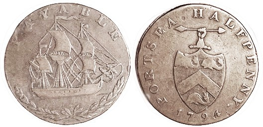 Conder Token, Hampshire, Portsea, 1/2d 1794, D&H 73, shield/ship, F, medium brow...