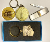 SPACE-related: Space Shuttle 1981 three 40 mm brass medals, one with loop & keychain, one in lucite block; another thick bronze 39 mm 1982 IBM Shuttle...