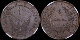 GREECE: 5 Lepta (1828) (type A.1) in copper. Phoenix with converging rays on obverse. Variety "134b-D2.b" by Peter Chase. Inside slab by NGC "MS 61 BN...