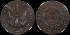 GREECE: 20 Lepta (1831) in copper. Phoenix on obverse. Variety: "473-B.b" (Rare) by Peter Chase. Inside slab by NGC "AU 53 BN / CHASE 473-B.b / Peter ...