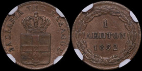 GREECE: 1 Lepton (1832) (type I) in copper. Royal coat of arms and inscription "ΒΑΣΙΛΕΙΑ ΤΗΣ ΕΛΛΑΔΟΣ" on obverse. Inside slab by NGC "MS 64 BN". Cert ...