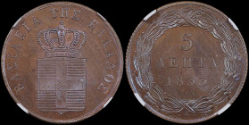 GREECE: 5 Lepta (1833) (type I) in copper. Royal coat of arms and inscription "ΒΑΣΙΛΕΙΑ ΤΗΣ ΕΛΛΑΔΟΣ" on obverse. Inside slab by NGC "MS 66 BN". Top po...