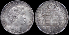 GREECE: 1/2 Drachma (1833) (type I) in silver (0,900). Head of King Otto facing right and inscription "ΟΘΩΝ ΒΑΣΙΛΕΥΣ ΤΗΣ ΕΛΛΑΔΟΣ" on obverse. Inside s...