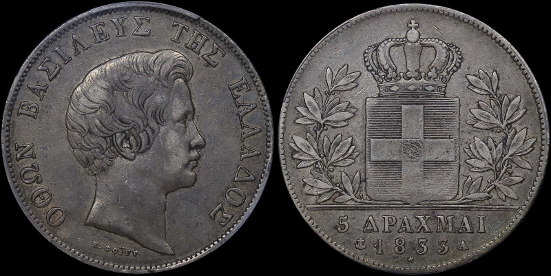 GREECE: 5 Drachmas (1833 A) (type I) in silver (0,900). Head of King Otto facing...