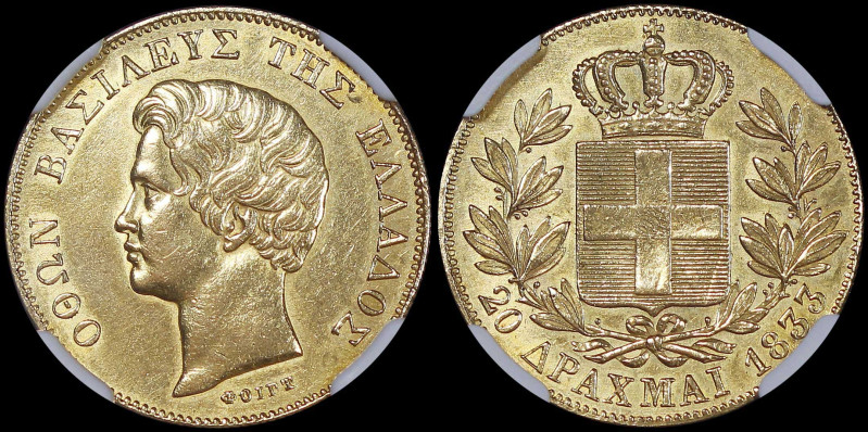 GREECE: 20 Drachmas (1833) in gold (0,900). Head of King Otto facing left and in...